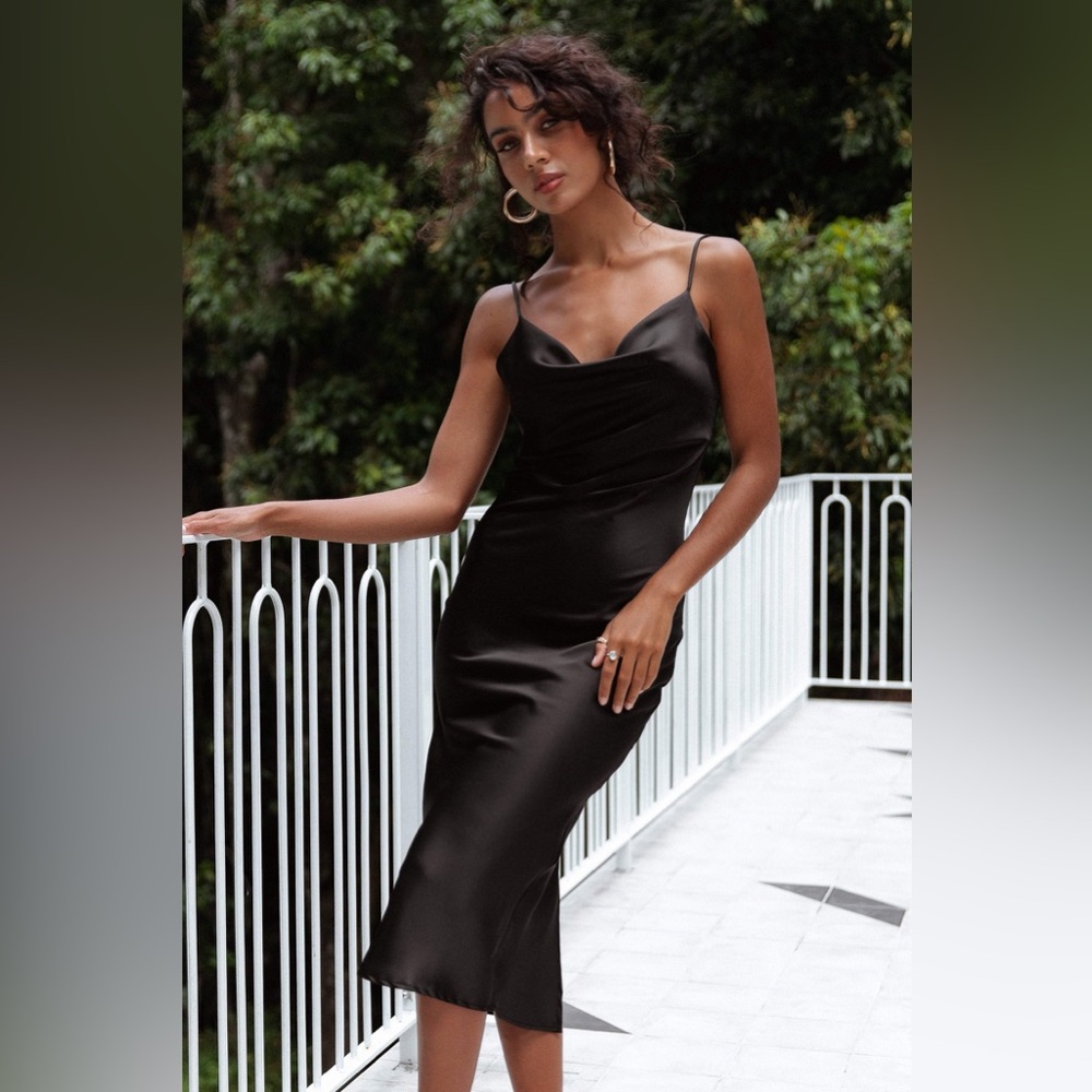 Petal & Pup Black Satin Midi Slip Dress